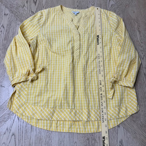 Crown & Ivy Women's Size Large Yellow Gingham Tie‎ Sleeve V-neck Blouse Top - Picture 5 of 8